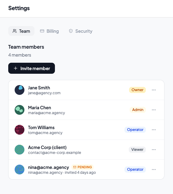 Synclify team settings showing owner and member roles in a shared workspace